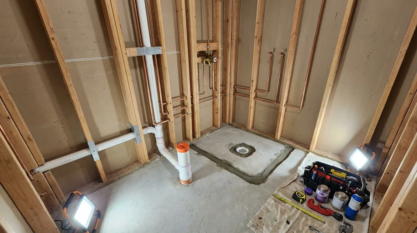Bathroom rough-in plumbing during remodel by Johns Plumbing LLC in College Station