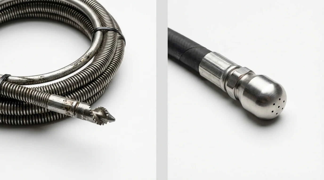 Drain snake cable and hydro jetting nozzle used for drain cleaning in College Station, TX