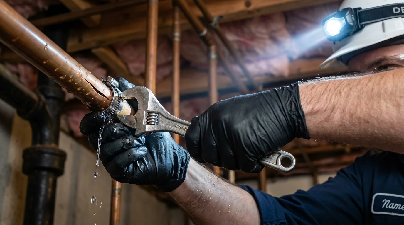 Emergency pipe clamp repair being performed by a Johns Plumbing LLC plumber in College Station