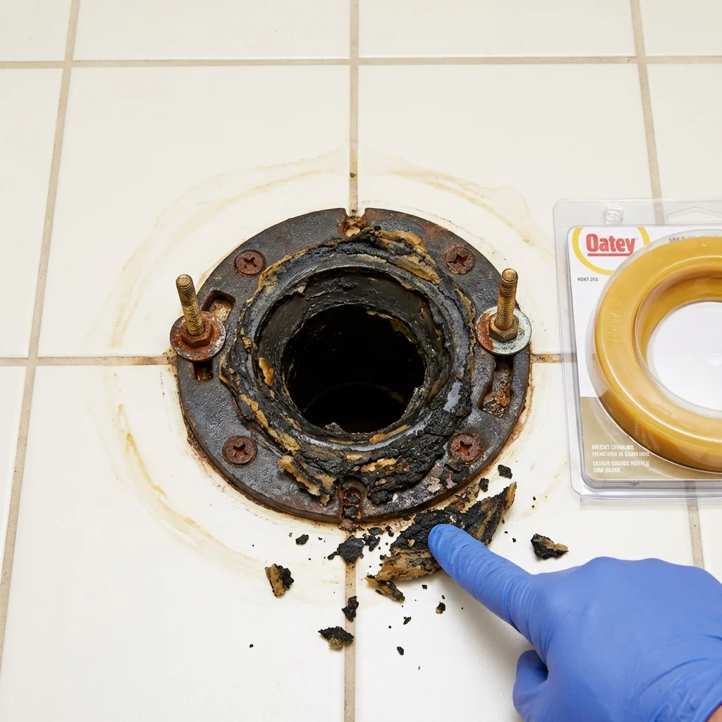 Failed wax ring showing water seepage at the base of a toilet in a College Station, TX home