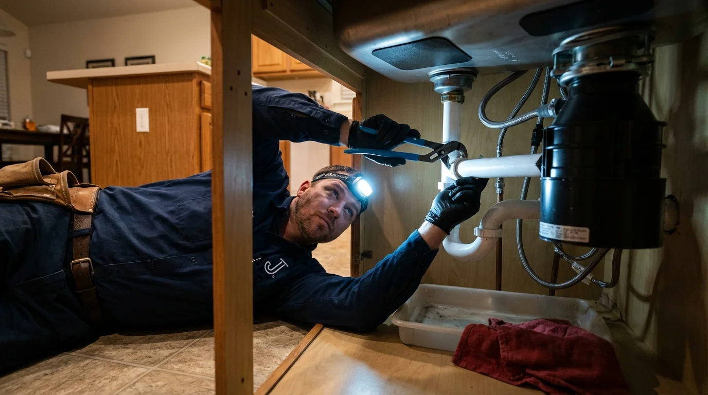 P-trap and supply line connections under a kitchen sink showing a common leak point in College Station, TX